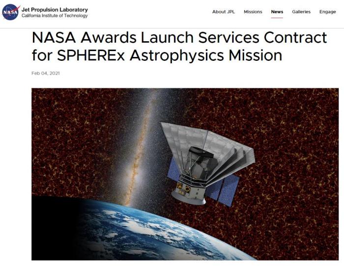 NASA与SpaceX签订了SPHEREx太空望远镜项目发射任务的合同。SPHEREx项目将用近红外光绘制全天空地图，该任务最早可能在2024年启动。图片来源：美国国家航空航天局网站截图。