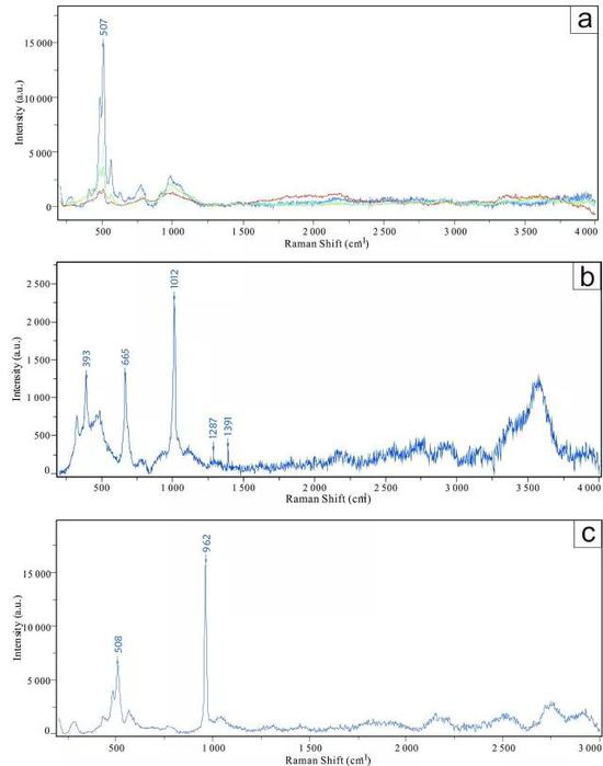图3 拉曼光谱分析结果（a）斜长石中熔融包裹体的谱学特征，蓝色线代表玻璃质熔体，红线和绿线代表无物质的真空；（b）辉石中熔融包裹体中气相部分的谱学特征；（c）磷灰石的谱学特征