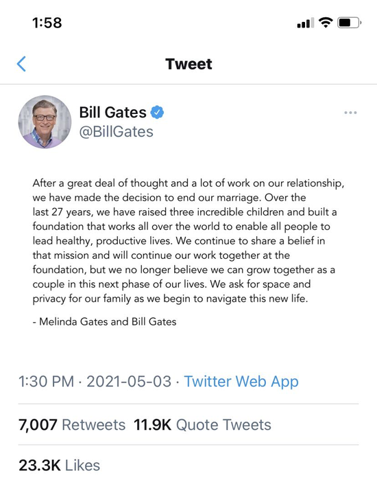 65岁的微软创始人盖茨在Twitter宣布自己离婚的消息