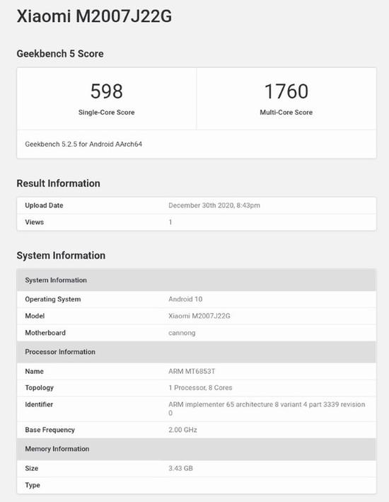 Redmi Note 9T Geekbench跑分曝光 或将明年一月发布