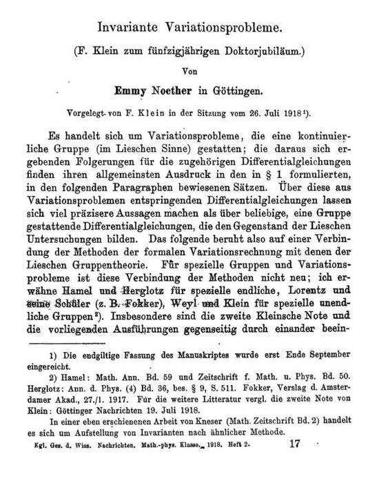 1918年，艾米·诺特发表了论文Invariante Variationsprobleme，她在论文中证明了诺特定理。（图片来源：Wikipedia）