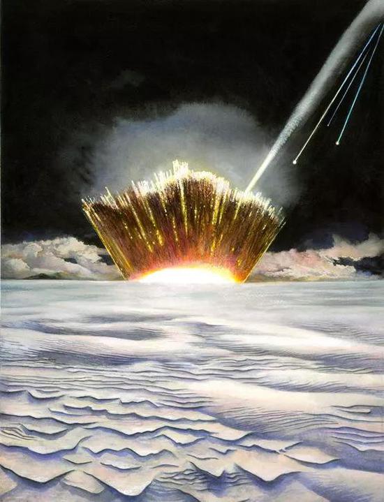 铁陨石撞上格林兰冰架，奏响一场真实的“冰与火之歌”（假想图）。来源：Carl Toft