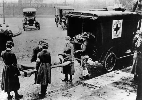 1919年西班牙流感爆发期间，美国红十字会救助患者。图片来源：International Federation of Red