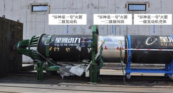 “谷神星一号”火箭二级发动机、级间段、一级发动机壳体在试验台