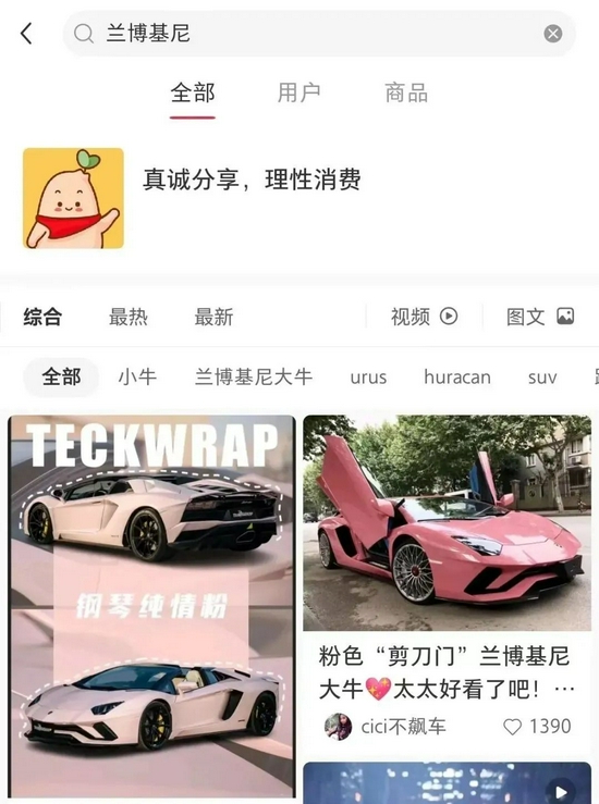 当小红书用户搜索“法拉利”“布加迪”“豪宅”等关键词，页面会显示“真诚分享，理性消费”的提示。