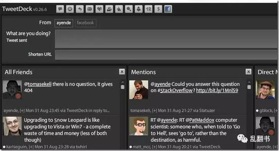 2010年TweetDeck界面，提供分栏浏览等多种功能