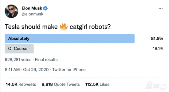 ▲马斯克发推询问特斯拉是否要生产Catgirl机器人