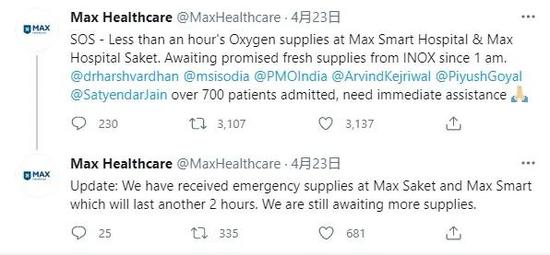 就连医院的医用氧气面临断供，也要通过推特来发送SOS。/ Twitter@MaxHealthcare