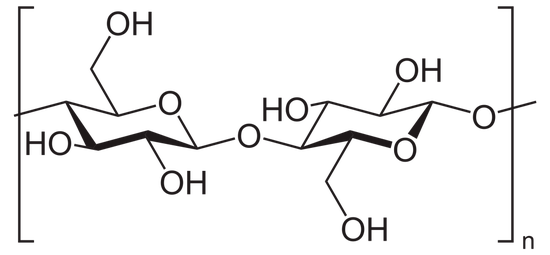 纤维素是一种多糖，它是由许多葡萄糖分子组成的长链结构（图片来源：Wikipedia）