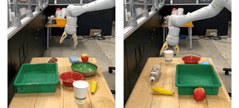图丨基于视觉的机器人操作系统的例子，能够泛化到新的任务。左图：机器人正在执行一项用自然语言描述为“将葡萄放入陶瓷碗中”的任务，而不需要对模型进行特定的训练。右图：和左图一样，但是有“把瓶子放在托盘里”的新的任务描述。