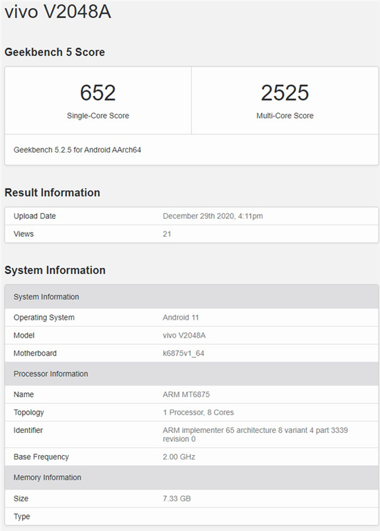 vivo新机现身Geekbench：业内第二款天玑820芯