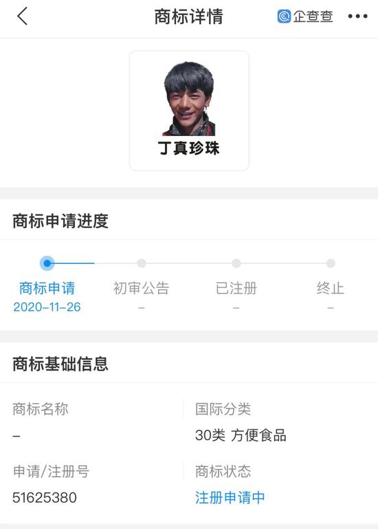 ↑国家商标局系统中新申请注册的“丁真”商标，绝大多数于丁真走红后提交。