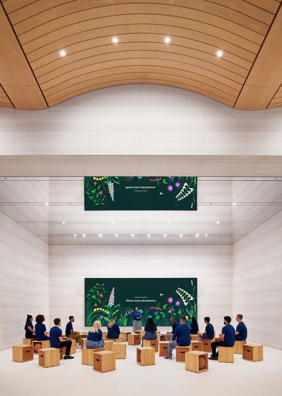 ▲ 零售店内的 Forum 互动坊是 Today at Apple 免费课程的举办场地，这里的天花板采用镜面设计，通过反射增强了空间的深度。