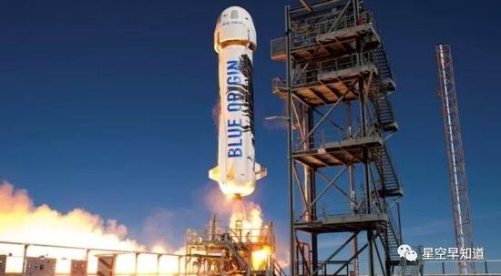 “蓝色起源”公司的亚轨道“新谢泼德”火箭，这种火箭的目标是太空旅游。“蓝色起源”公司的创始人就是亚马逊的老板，新晋世界首富杰夫·贝索斯 来源：wiki