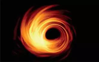 图五：视界面望远镜可能得到的计算机模拟黑洞图像，因为黑洞的转动效应，黑洞左侧较亮