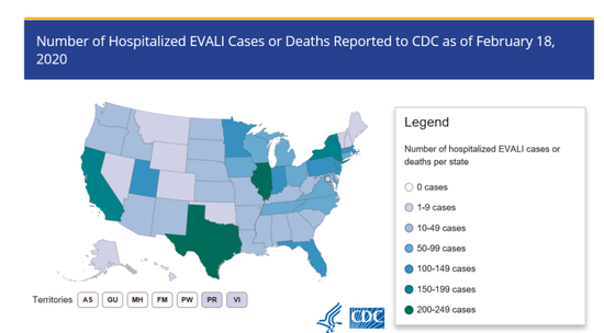 美国各地电子烟肺炎患者数量，几乎各州都有报道 | 参考文献[2]
