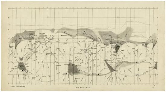 1905年，罗威尔的火星地图已经变得有些奇异，综合交错的“运河”从两极向赤道延申，途径的黑点是沙漠中的“绿洲”。