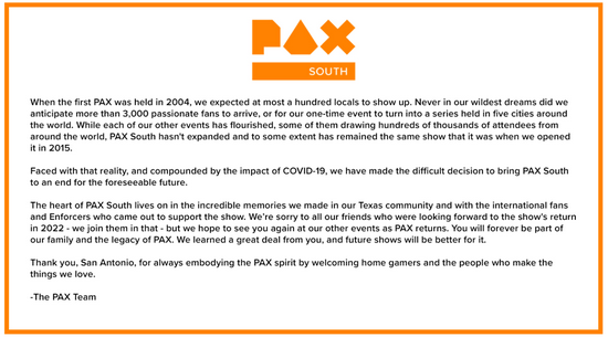 PAX South游戏展宣布无限期取消：疫情影响+运营状况不佳