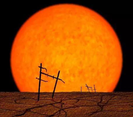  （艺术家想象的从地球上看到的红巨星状态的太阳。图片来源https：//www.cs.mcgill.ca/~rwest/wikispeedia/wpcd/wp/r/Red_giant.htm）