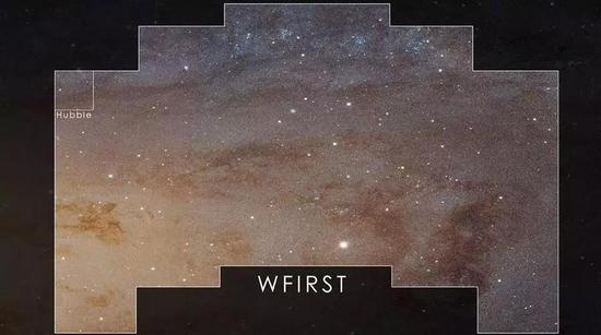  在景深相同，时长相等的情况下，WFIRST望远镜和哈勃望远镜（左上）所能看到的天区对比。WFIRST能观测的广大区域让我们捕捉到更多遥远的超新星，从而进一步探寻暗能量的本质。（图片来源：NASA / GODDARD / WFIRST）