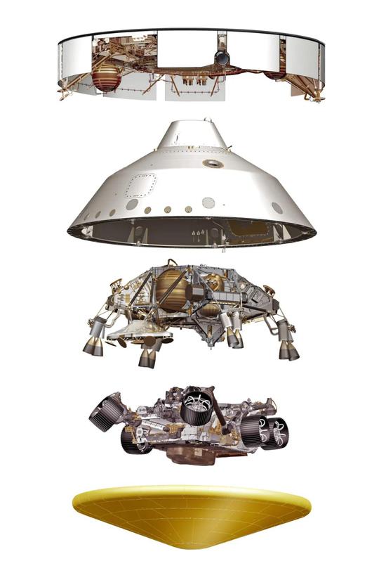 从上到下：毅力号（火星2020任务）的巡航级、背壳、下降级、毅力号火星车和隔热罩
