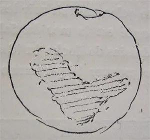1672年火星大冲惠更斯的火星手绘，除了“沙漏海”，还看到了火星极冠（靠上的圈）。/ Huygens