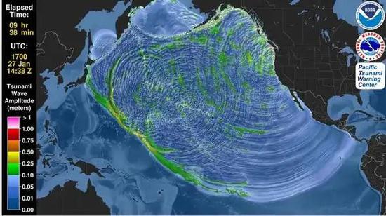 卡斯卡迪亚地震引发的海啸模拟图丨太平洋海啸预警中心（PTWC）