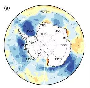 2011年冬季南极云异常，蓝色为少云，橙色为多云（图片来源：Yunhe Wang， 2019，JGR-Atmospheres）
