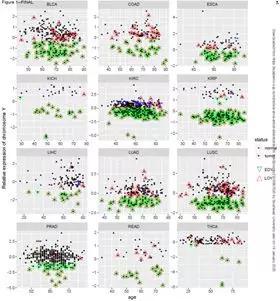  TCGA进行的12项癌症研究的相对染色体Y表达（Ry）与年龄的关系