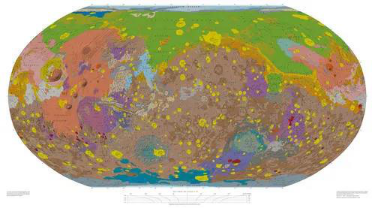 火星全球地质图。不同色块表示不同的地质单元。来源：USGS