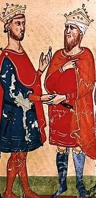 13世纪的神圣罗马帝国皇帝腓特烈二世（左）曾剥夺一些幼儿的语言。图片来源：wikipedia