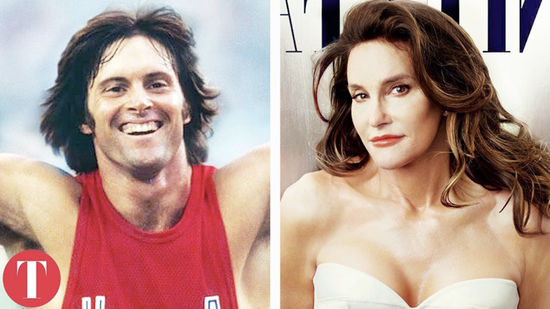 1976 年奥运十项全能冠军、演员、卡戴珊母亲的前夫Bruce Jenner（左）于2015年宣布变性，并易名为Caitlyn Jenner（右）。