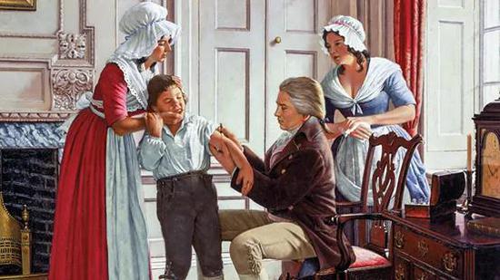 爱德华·詹纳将牛痘液注入詹姆斯·菲普斯的手臂，然后让他接触天花病毒