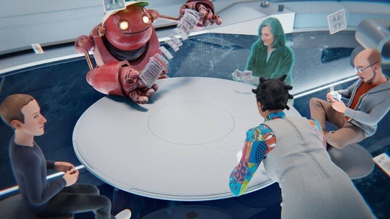扎克伯格去年 10 月展示了他对元宇宙的想法，其数字化身在与虚拟世界的其他人化身，以及一个机器人一起打牌。