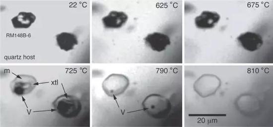 图5 粗安岩中熔融包裹体均一化的过程示意图，m代表已融化的部分，V代表气相，xtl代表未完全融化的部分（Student &amp; Bodnar， 2004）