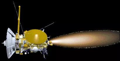 （使用化学能发动机的卡西尼-惠更斯号探测器的发动机正在工作，喷出火焰。图片来源ESA）