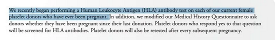 美国伊利诺伊州 Rock River Valley 血液中心要求对有怀孕史的献血人要进行 HLA 测试，理由就是有孕史的女性的血液可能会导致男性受血者患上输血相关急性肺损伤（TRALI）。图片来源：rrvbc.org