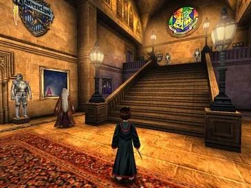 《哈利波特与魔法石》PC版游戏画面，展现了虚幻竞技场版本的虚幻引擎的材质投射和泛光效果能力 图片来源：电子艺界