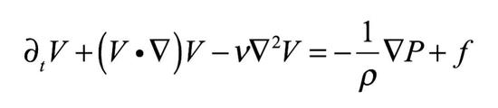 ○ 纳维尔-斯托克斯方程，位于画作上方中间位置。左侧包含与流体速度、加速度有关的项，而右侧是与外力、外部压强有关的项，形式上与牛顿第二定律非常一致。