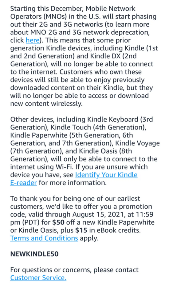 亚马逊的电子邮件宣布旧款Kindle的互联网连接时代结束