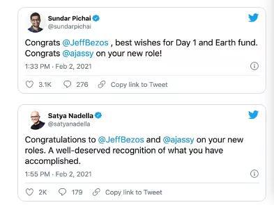 图 谷歌和微软CEO在推特上送上祝福