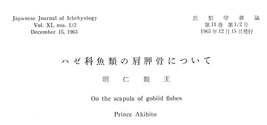 　明仁在1963年发表的第一篇论文，讨论虾虎鱼的肩胛骨