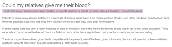 英国国民保健署（NHS）：不建议亲属为亲人献血。图片来源：www.nhsbt.nhs.uk/what-we-do/blood-services/blood-transfusion/transfusion-faqs/