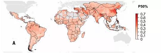  全球范围内抗生素抵抗现象严重程度（红色深浅）