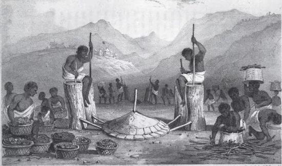 马达加斯加块炼铁双缸鼓风筒（William Ellis， et al。。 History of Madagascar。 1838。）