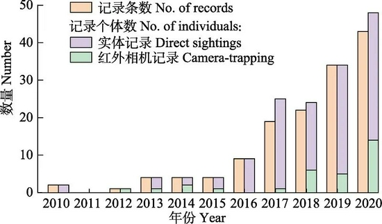 中国境内2010–2020年中华穿山甲记录条数、个体数与记录类型 