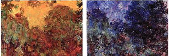 同一幅莫奈的油画，左侧为白内障患者眼中的色彩，右侧是手术后所见。| jfly.iam.u-tokyo.ac.jp
