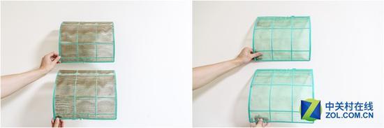 空调滤网左为清洗前 右为清洗后