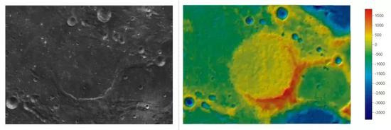 沃根亭坑（CraterWargentin）左图为影像图，右图为彩色晕渲地形图