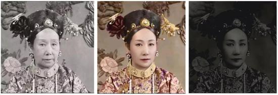 无处理照片中的你(左)、镜子中的你(中)和手机黑屏中的你(右) | 作者改编自慈禧皇太后光绪癸卯年照片之一及TR美术修复作品